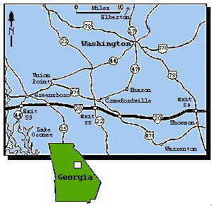 Map of region surrounding Washington, Georgia